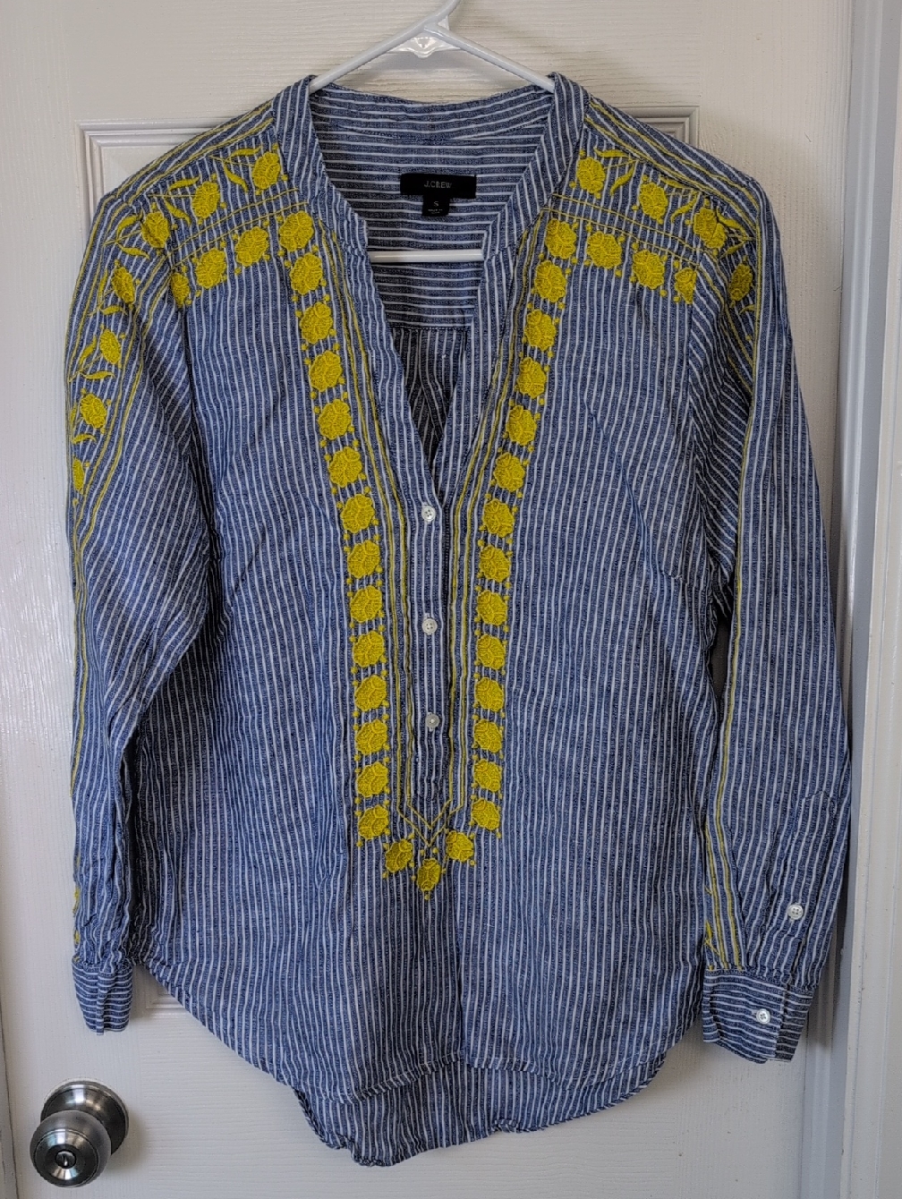 J. Crew Linen Blue And White Striped Button-Down Shirt With Yellow Embroidery